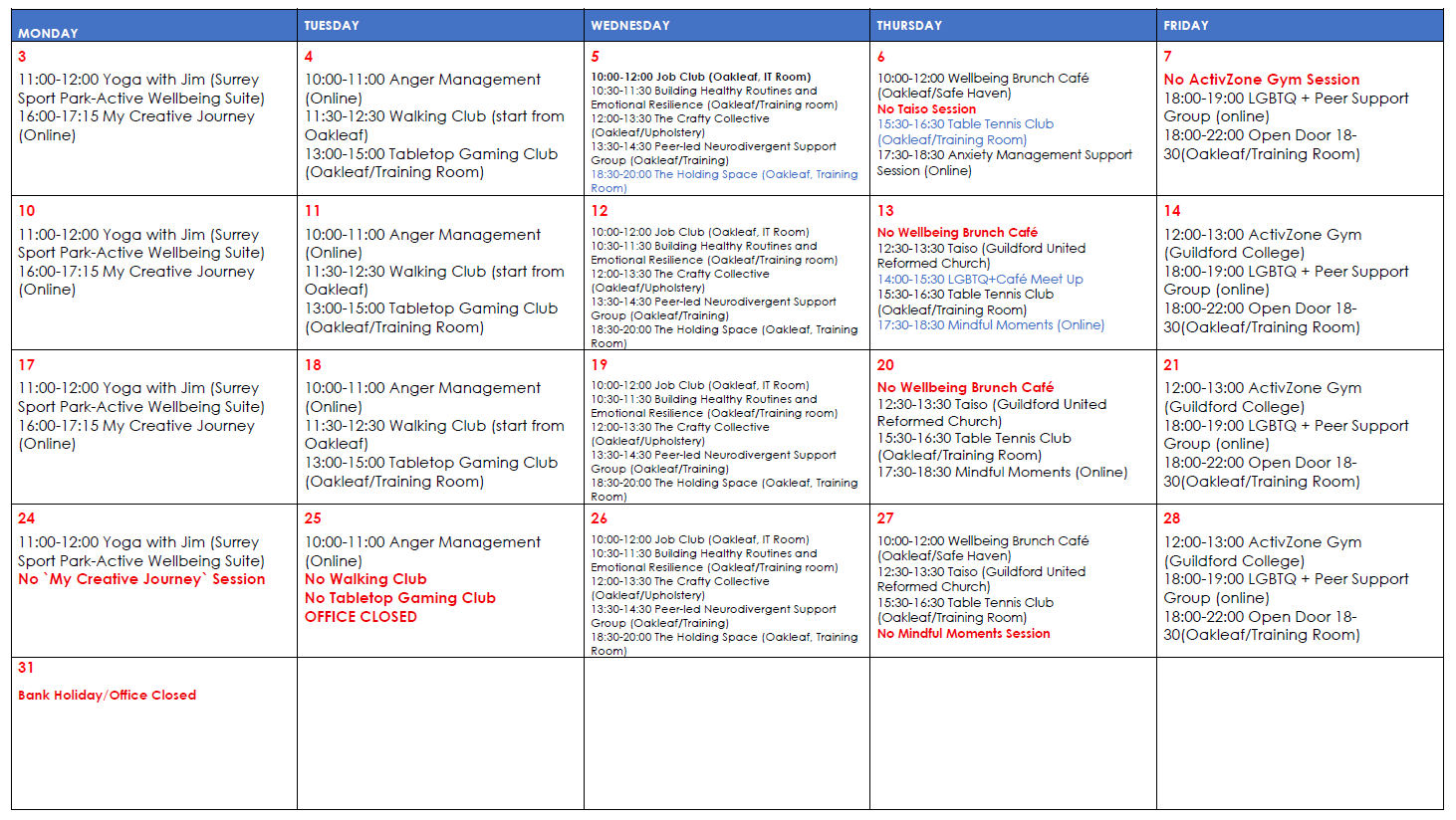 August 2026 Wellbeing Activities Calendar for activities in Guildford and Online August 2026 Wellbeing Activities Calendar for activities in Guildford and Online