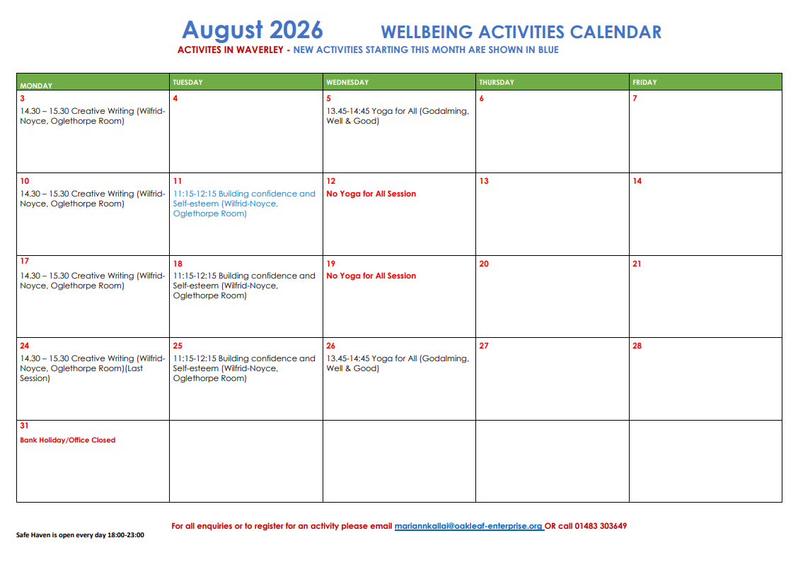 August 2026 Wellbeing Activities Calendar for activities in Waverly August 2026 Wellbeing Activities Calendar for activities in Waverly