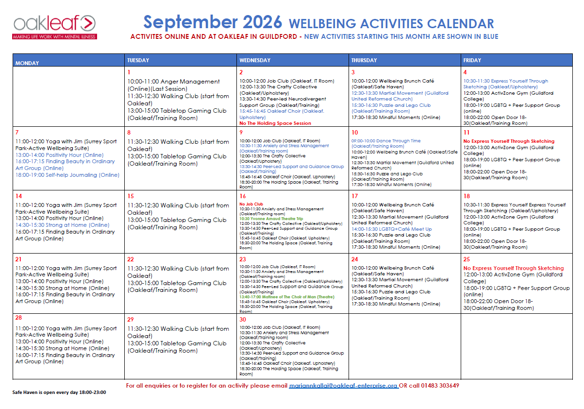 September 2026 Wellbeing Activities Calendar for Guildford and Online (screenshot of PDF) September 2026 Wellbeing Activities Calendar for Guildford and Online (screenshot of PDF)
